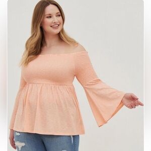 Babydoll Knit Smocked Off-Shoulder Bell Sleeve Top